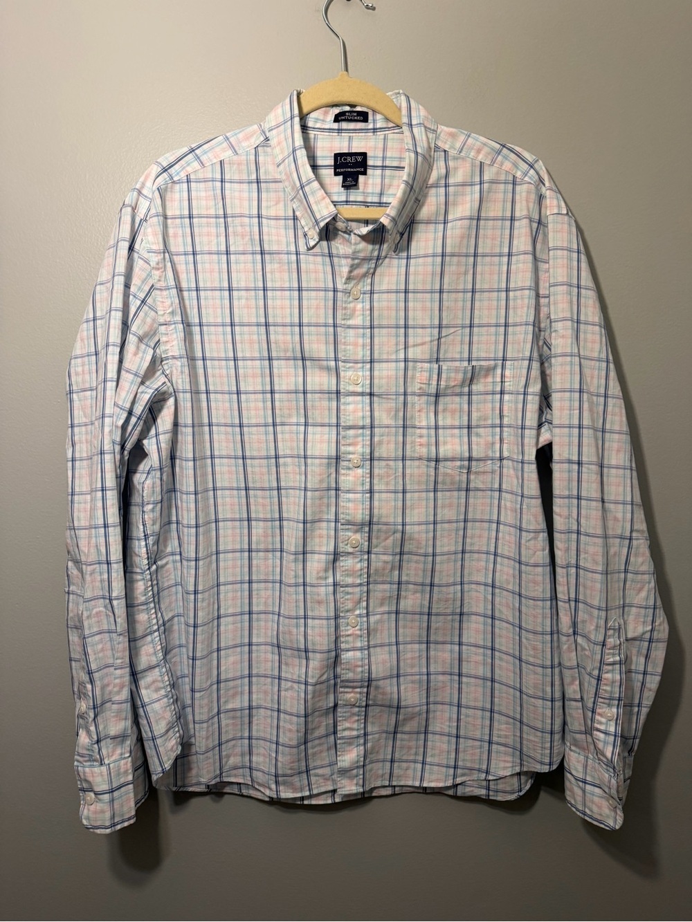 J. Crew White Button-Down Shirt with Blue & Pink Plaid